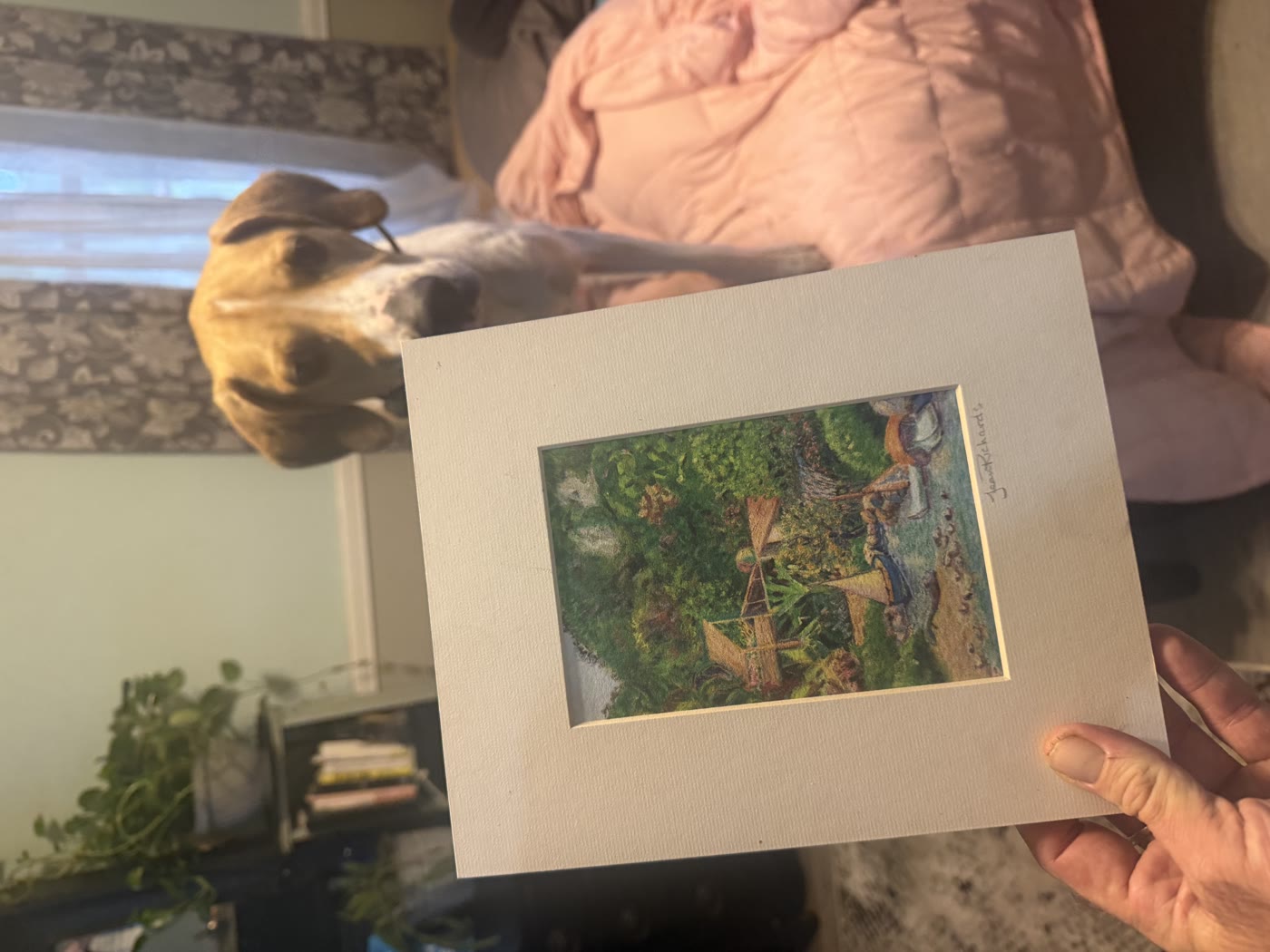 David Hahn holding the matted, signed Puerto Vallarta print at home, his dog Reese on the bed behind him