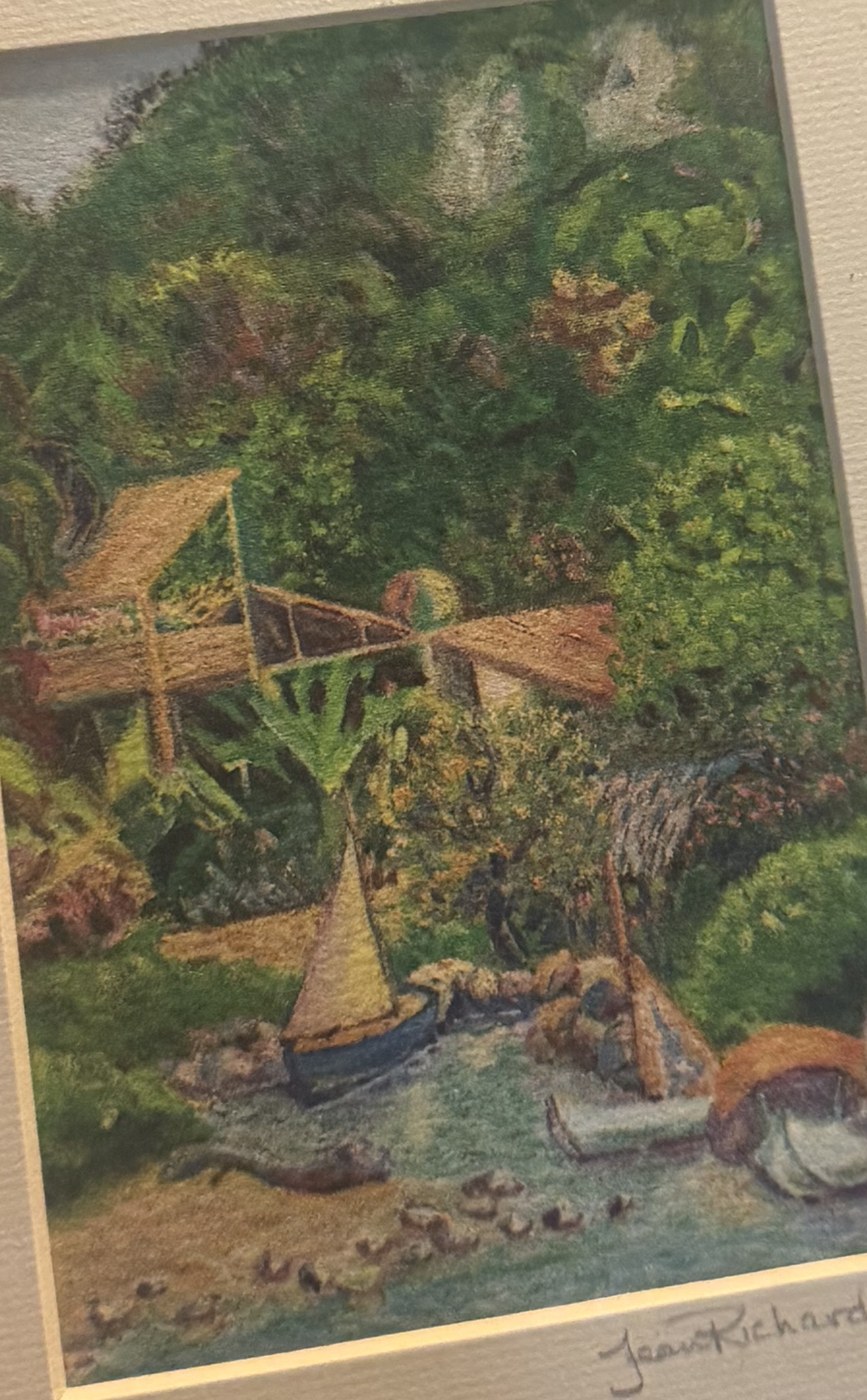 Watercolor of Puerto Vallarta, Mexico — palapa roofs above the water, jungle hillside and small boats, by Jean Richards