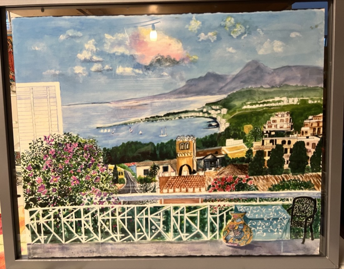 Watercolor of Puerto Vallarta, Mexico — Banderas Bay and the red-tiled roofs of the Zona Romantica, by Jean Richards